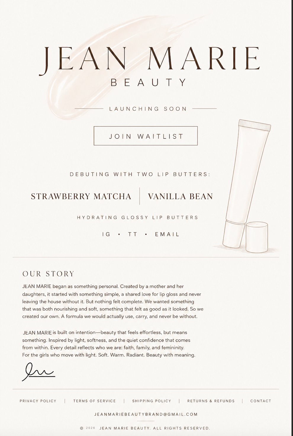 JEAN MARIE Beauty launching soon landing page featuring hydrating glossy lip butters Strawberry Matcha and Vanilla Bean.